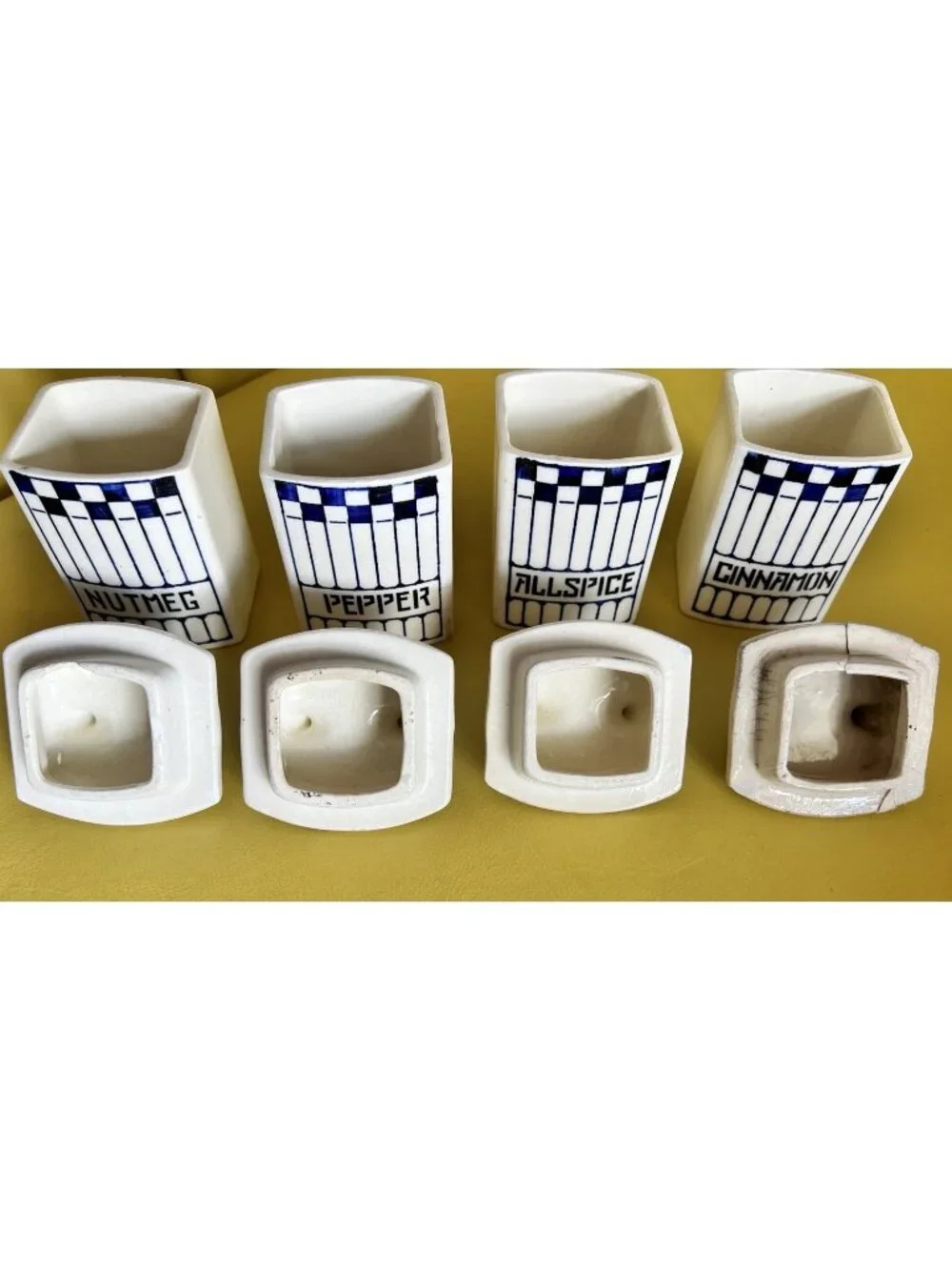 4 Pc STAFFEL Spice German Pottery Jar Nutmeg Pepper Allspice Cinnamon Canisters